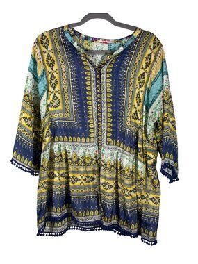 Johnny Was Theda Printed Silk Tunic top With Pompom Trim Multicolor M boho